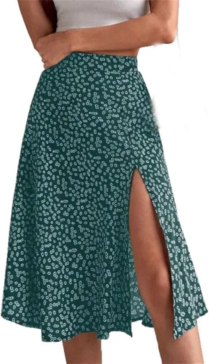 Women's Floral Skirt Slit A-Line Hip Cover Mid-Waist Long Skirt, Pleated A-Line Mid-Length Skirt