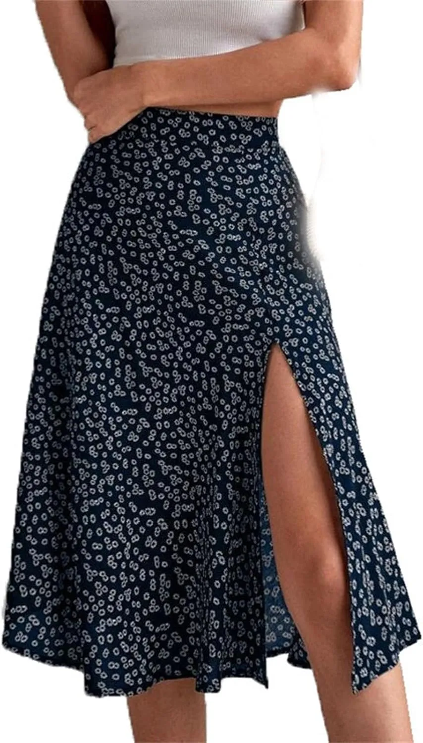 Women's Floral Skirt Slit A-Line Hip Cover Mid-Waist Long Skirt, Pleated A-Line Mid-Length Skirt