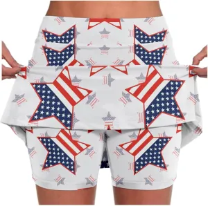 Womens Gym Workout Mini Skorts 2025 4th of July Flag Pattern Print High Waist Elastic Waisted Golf Skirts Cozy Athletic Wear