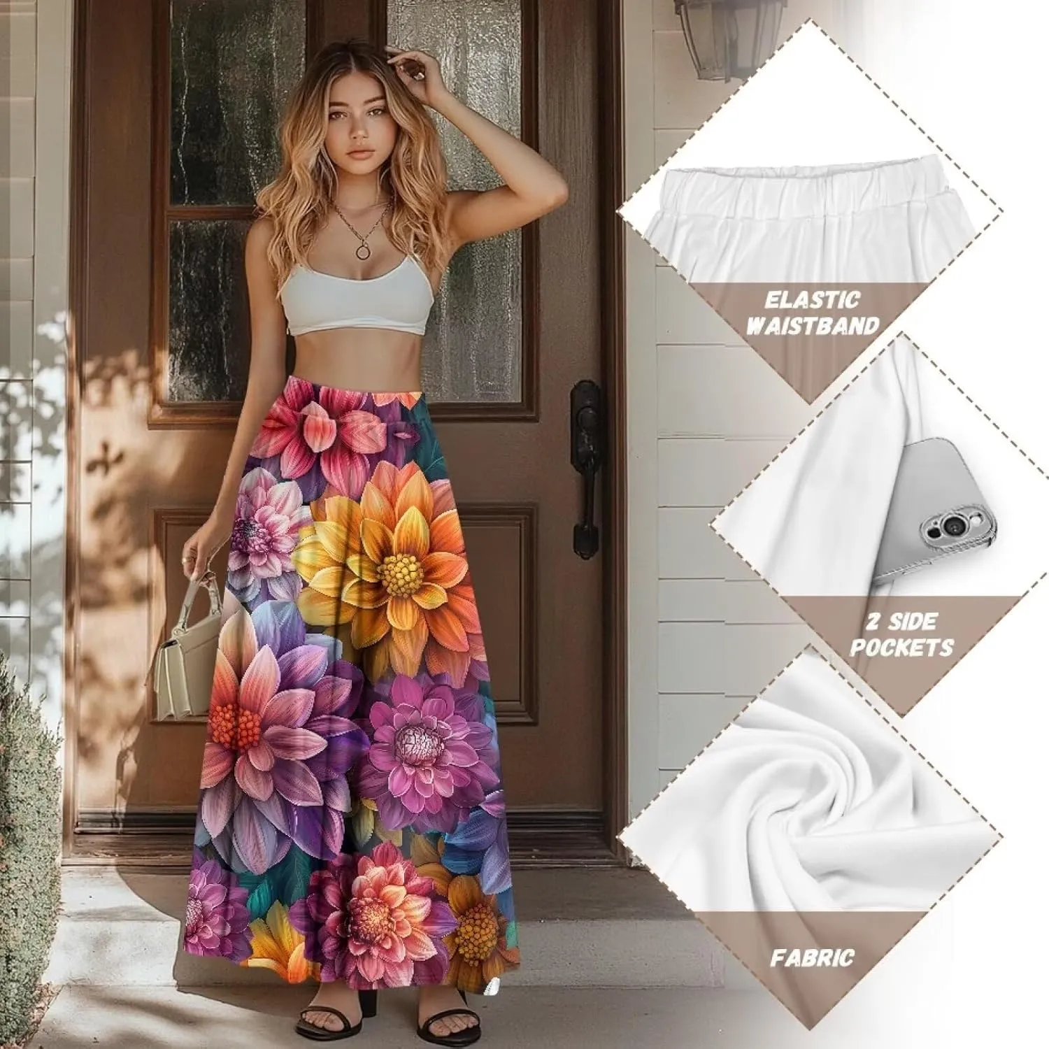 Women's High Waist A Line Maxi Skirt Summer A-Line Beach Maxi Skirt for Women Trendy Hem S,M,L,XL,2XL
