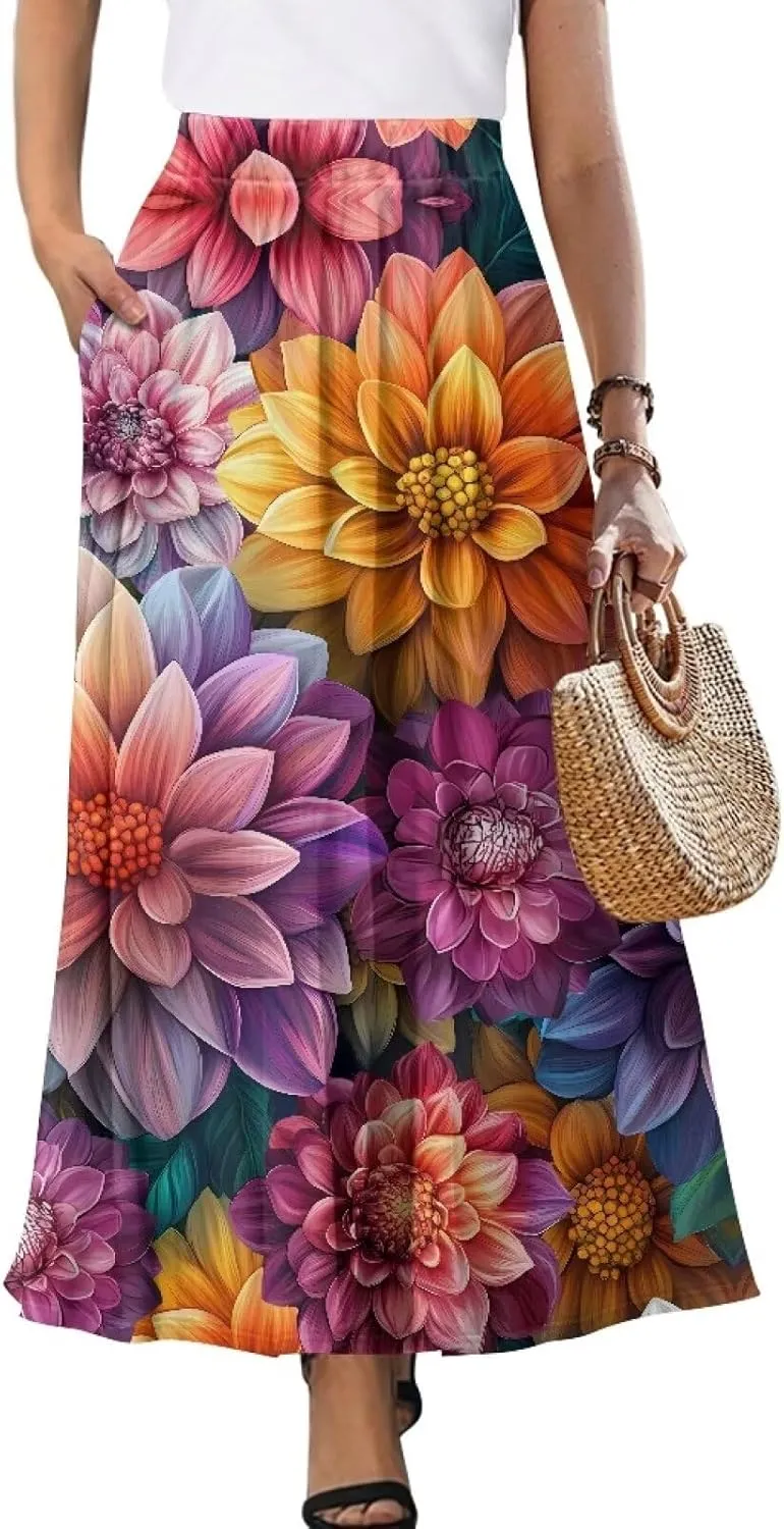 Women's High Waist A Line Maxi Skirt Summer A-Line Beach Maxi Skirt for Women Trendy Hem S,M,L,XL,2XL