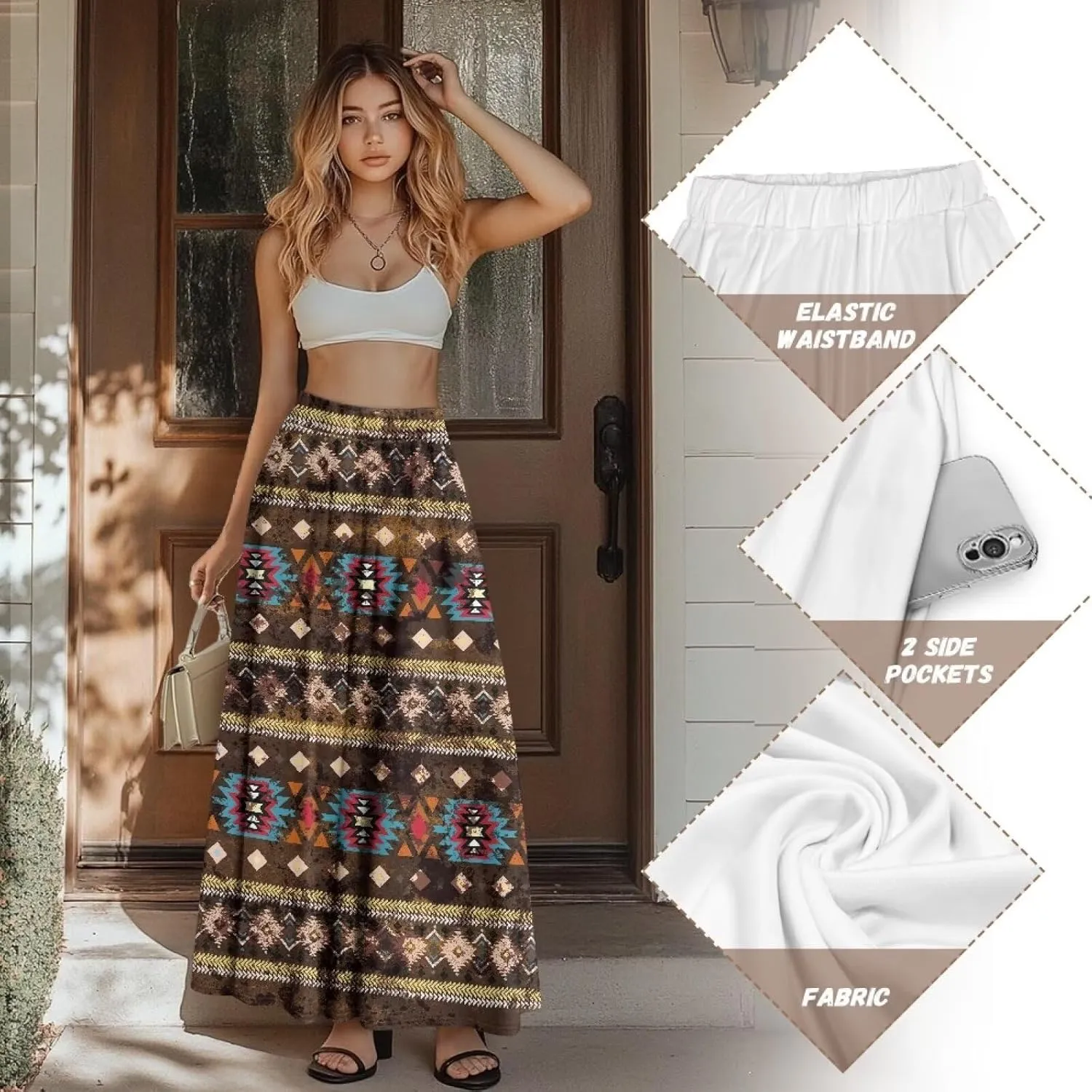 Women's High Waist A Line Maxi Skirt Summer A-Line Beach Maxi Skirt for Women Trendy Hem S,M,L,XL,2XL