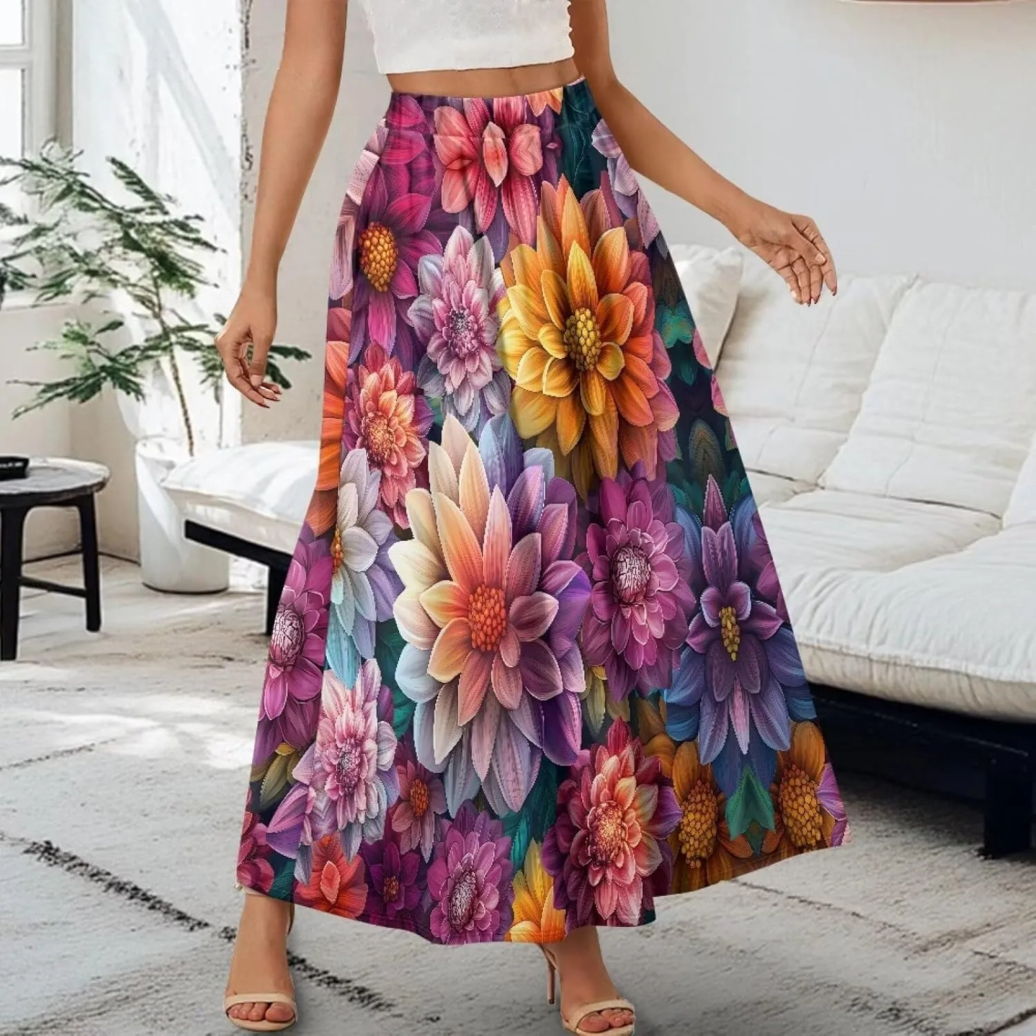 Women's High Waist A Line Maxi Skirt Summer A-Line Beach Maxi Skirt for Women Trendy Hem S,M,L,XL,2XL
