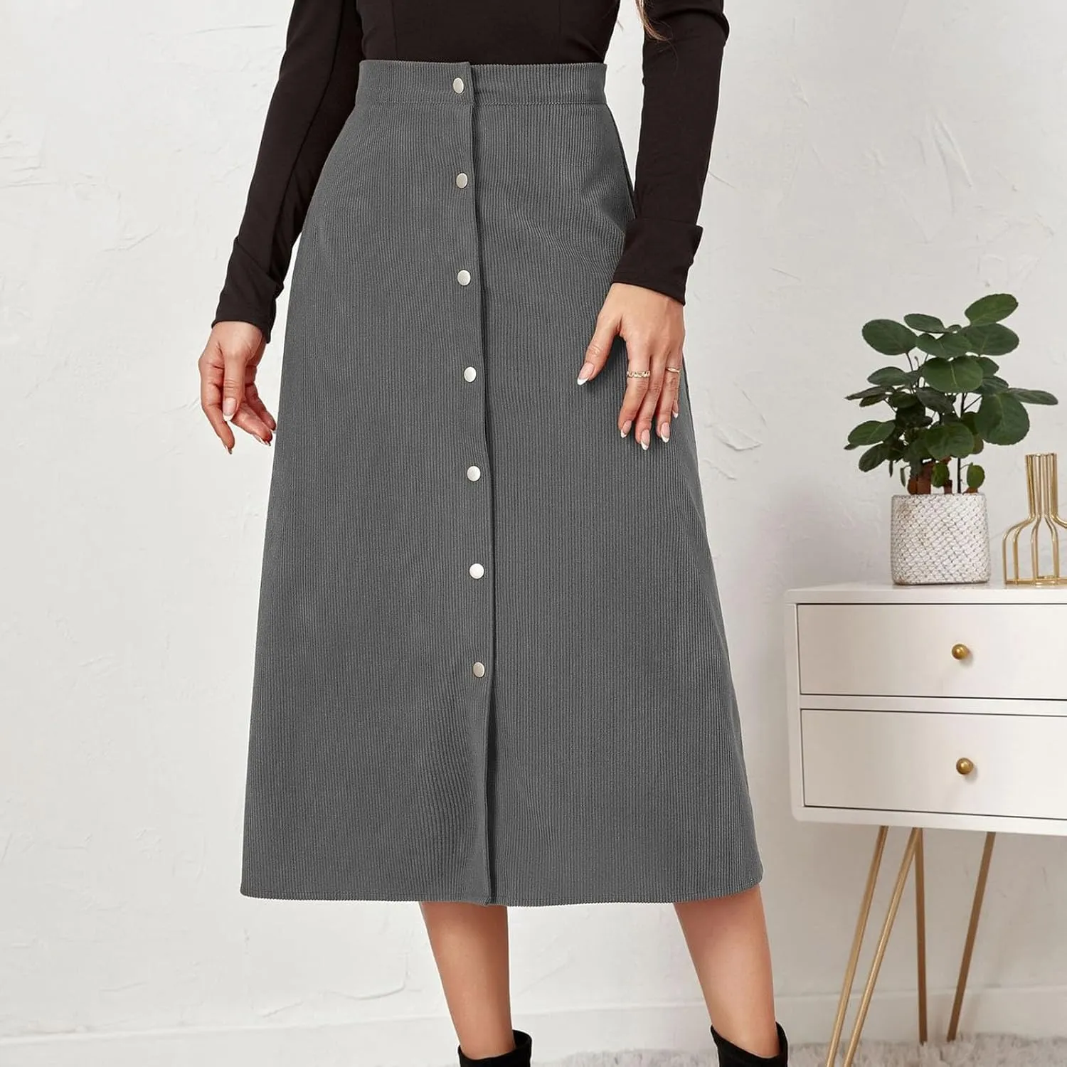 Women's High Waist Corduroy A-Line Skirts Button Down Business Work Office Skirt Casual A Line Trendy Dress