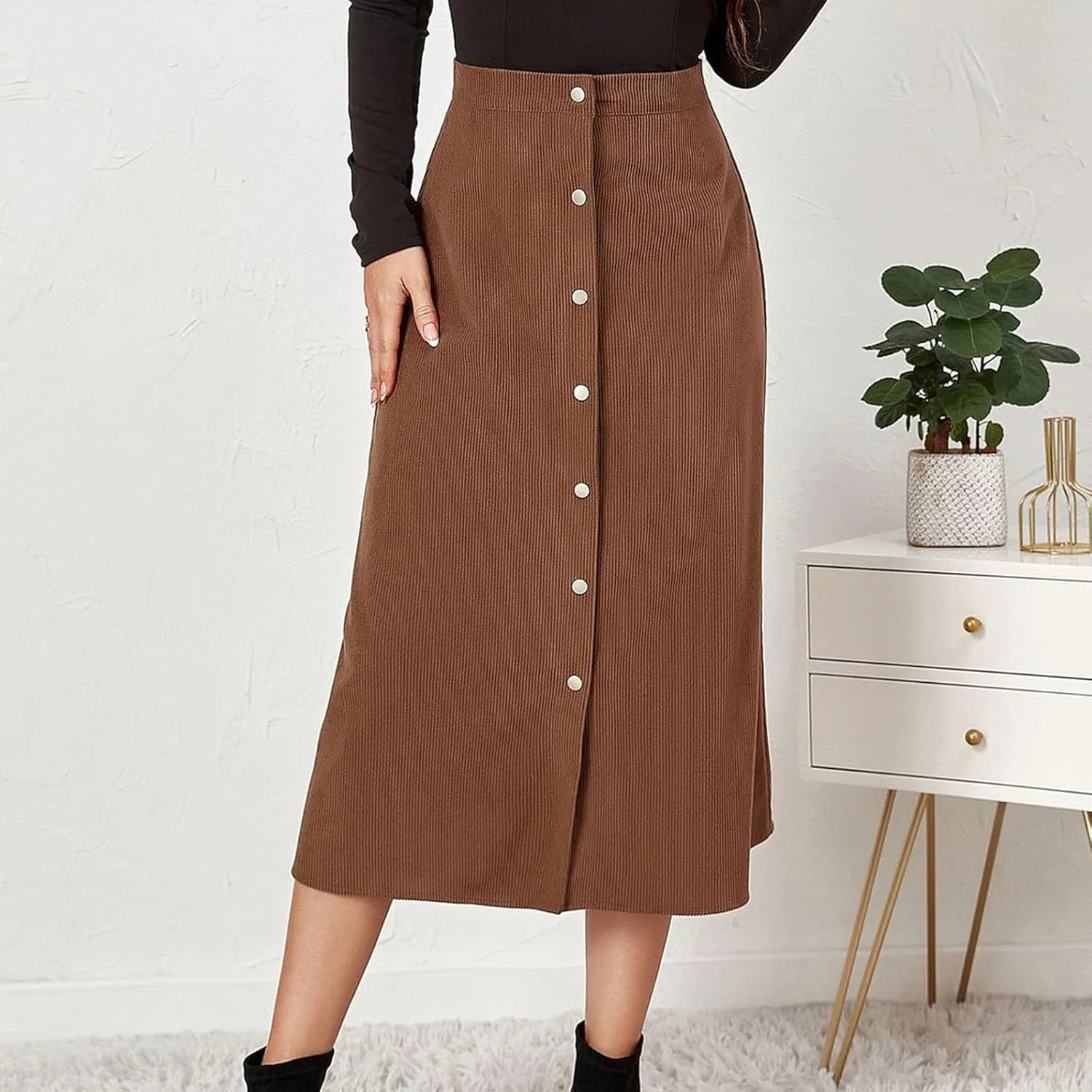 Women's High Waist Corduroy A-Line Skirts Button Down Business Work Office Skirt Casual A Line Trendy Dress
