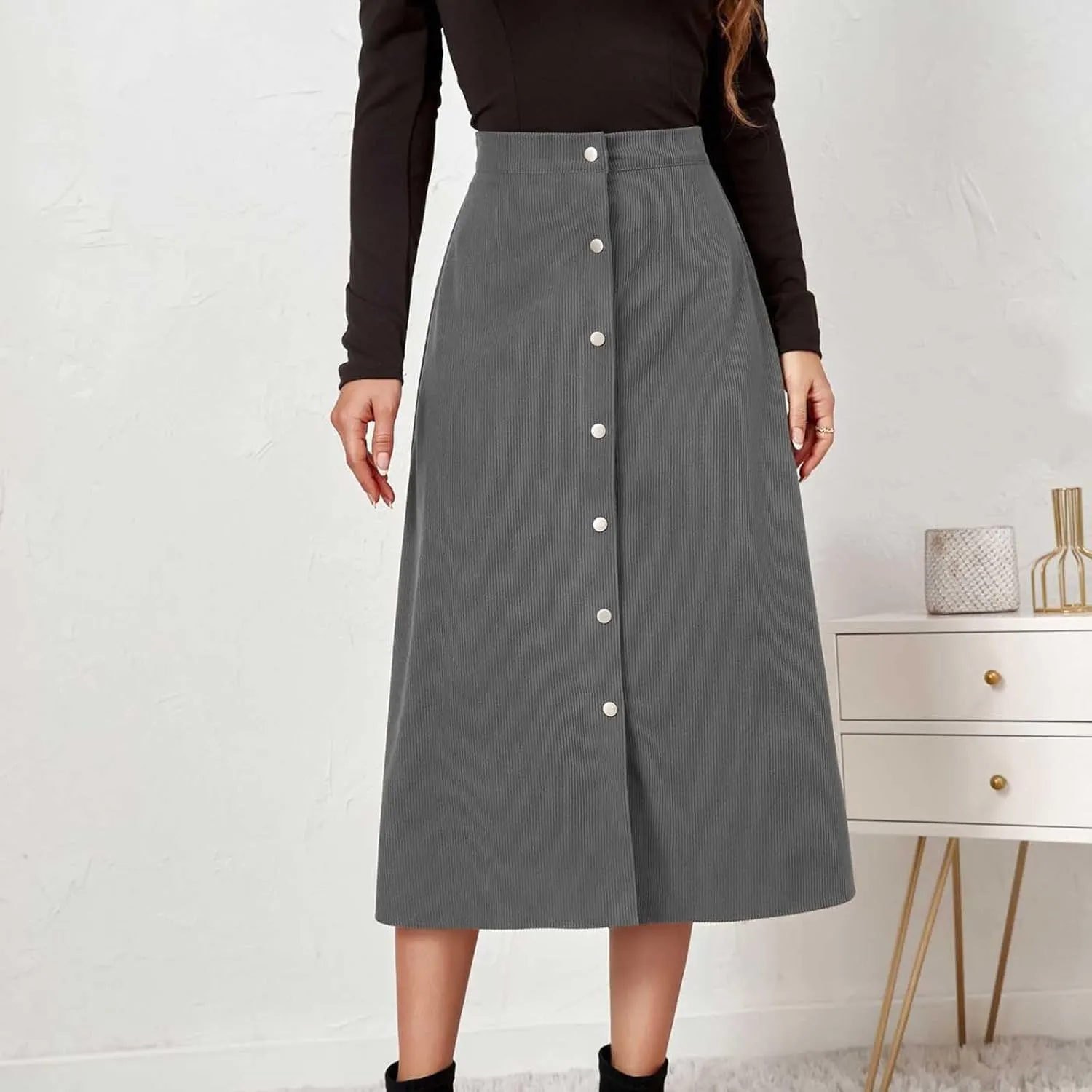 Women's High Waist Corduroy A-Line Skirts Button Down Business Work Office Skirt Casual A Line Trendy Dress
