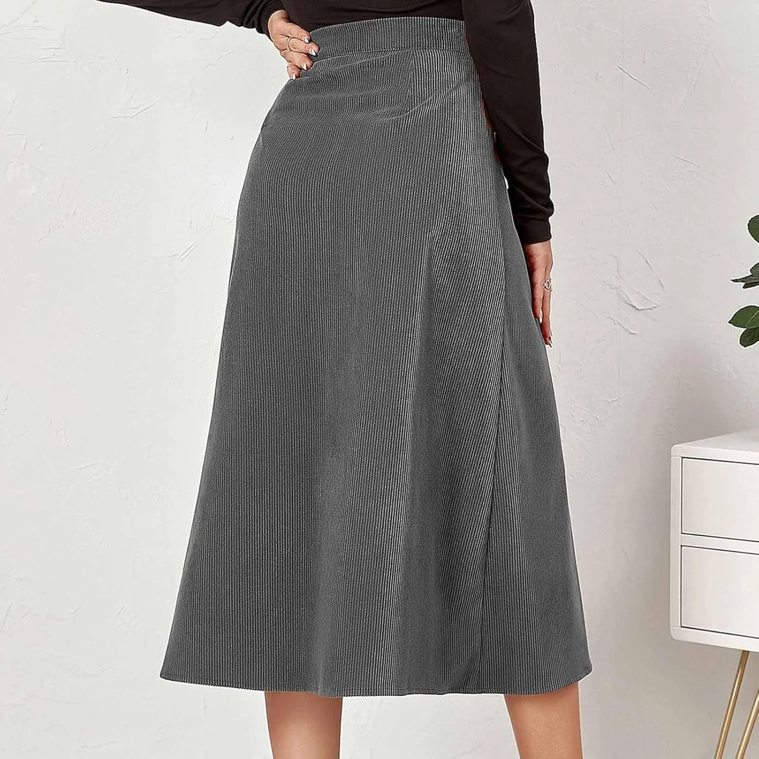 Women's High Waist Corduroy A-Line Skirts Button Down Business Work Office Skirt Casual A Line Trendy Dress