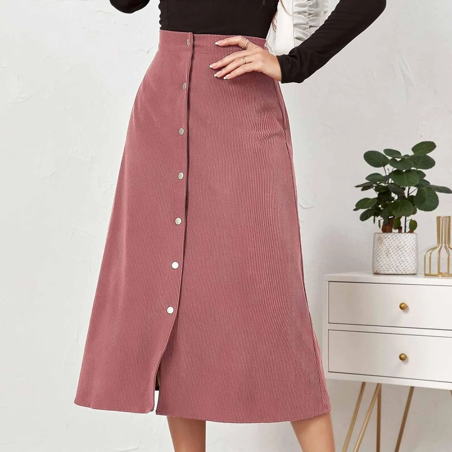 Women's High Waist Corduroy A-Line Skirts Button Down Business Work Office Skirt Casual A Line Trendy Dress