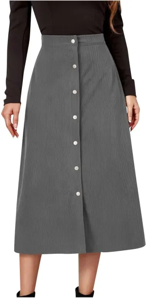 Women's High Waist Corduroy A-Line Skirts Button Down Business Work Office Skirt Casual A Line Trendy Dress