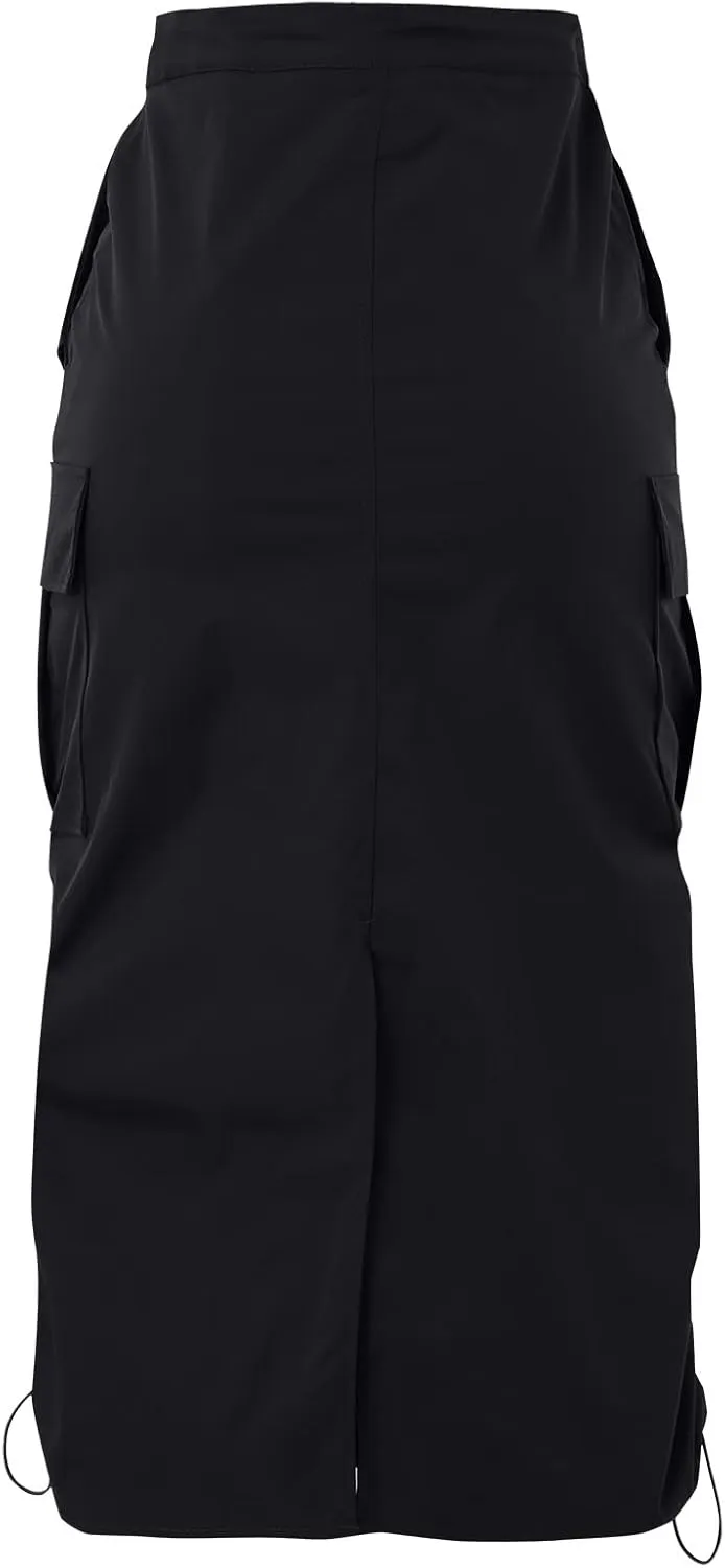 Womens High Waist Skirt Women's Loose Casual Quick Drying Pleated Drawcord Work Suit Split Skirt Midi Skirt