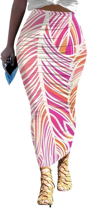 Women's High Waist Slim Bodycon Party Club Night Out Maxi Long Pencil Skirts Elegant Floral Ruched Stretchy Work Skirts Dress