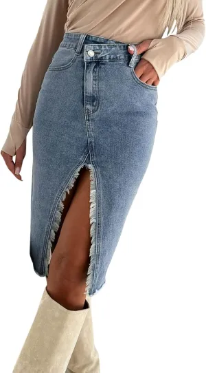 Women's High Waist Split Thigh Denim Long Maxi Skirt Wrap Waist Denim Skirt Split Front Thigh Long Jean Skirts