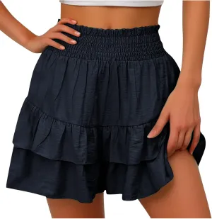 Women's High Waisted Ruffle Skirts with Floral Pleated Hem Workout Shorts Summer Casual Solid Color Cute Beach Skorts
