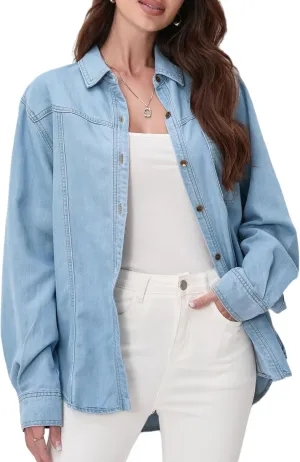 Womens Jean Shirt, Lightweight Soft Denim Button Down Jackets, Tencel Denim Top Coat