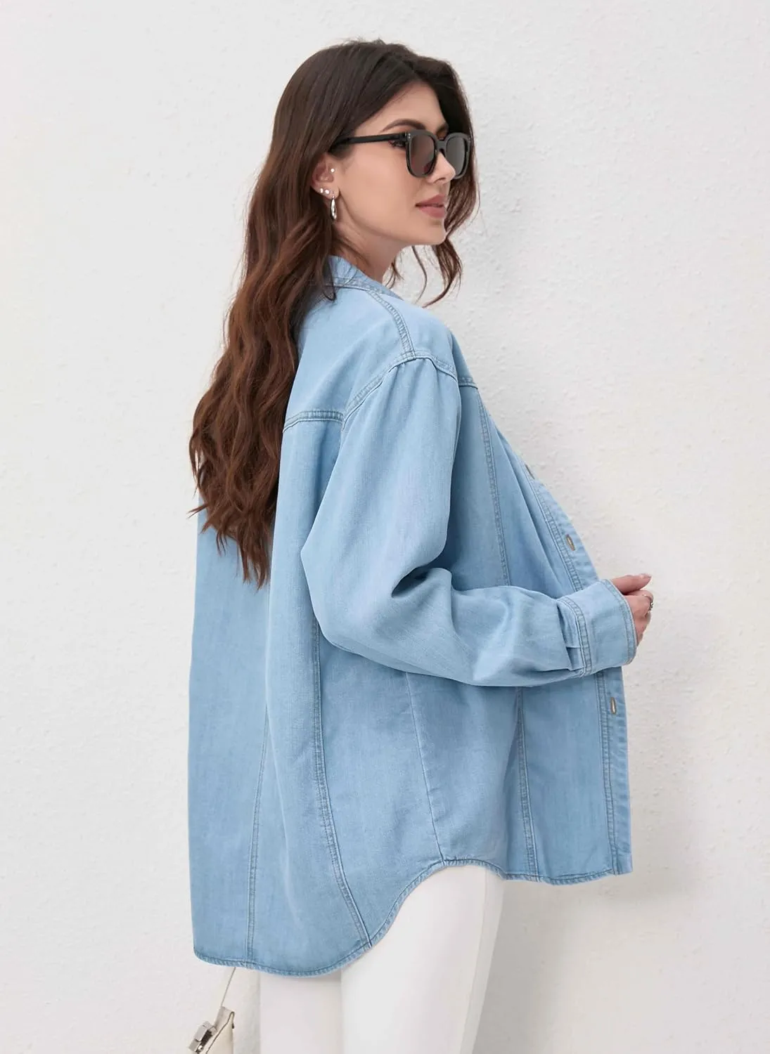 Womens Jean Shirt, Lightweight Soft Denim Button Down Jackets, Tencel Denim Top Coat