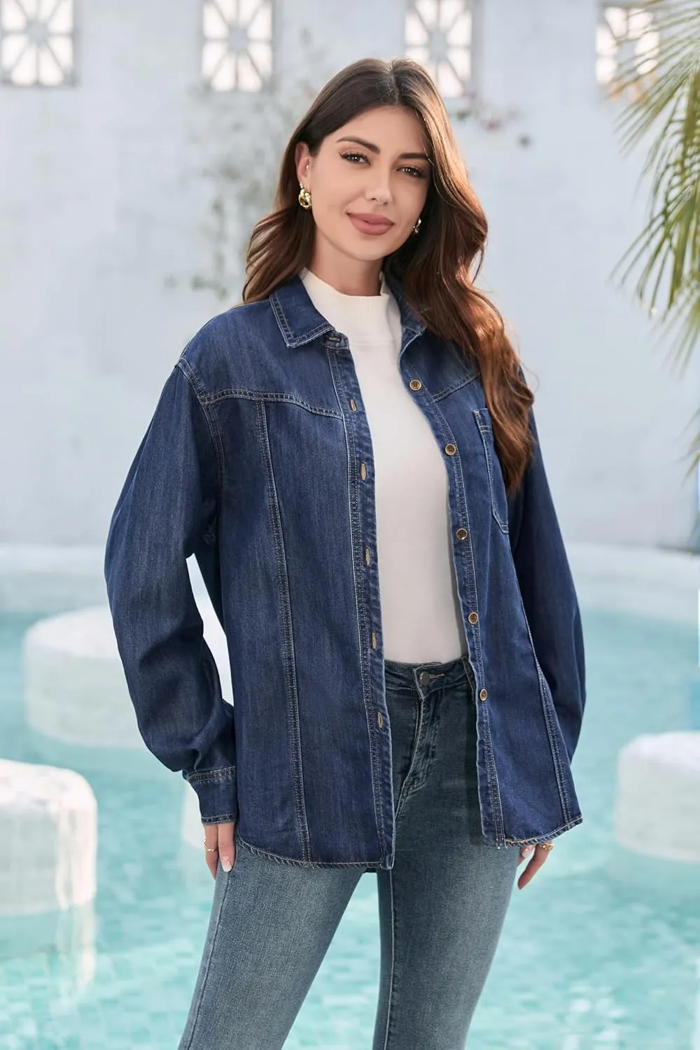 Womens Jean Shirt, Lightweight Soft Denim Button Down Jackets, Tencel Denim Top Coat