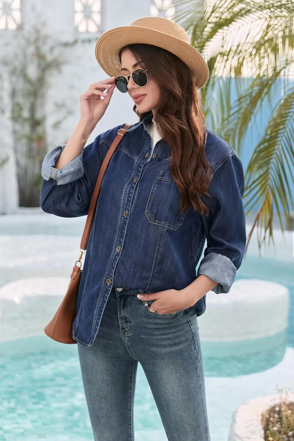 Womens Jean Shirt, Lightweight Soft Denim Button Down Jackets, Tencel Denim Top Coat