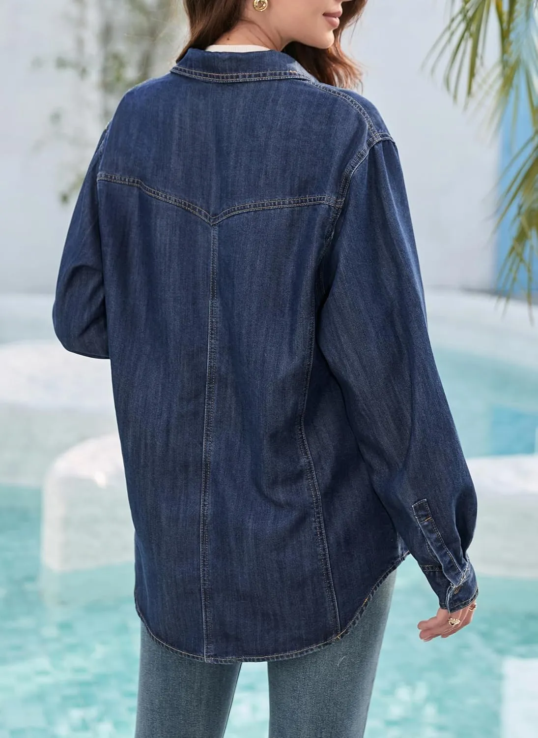 Womens Jean Shirt, Lightweight Soft Denim Button Down Jackets, Tencel Denim Top Coat