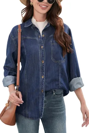 Womens Jean Shirt, Lightweight Soft Denim Button Down Jackets, Tencel Denim Top Coat