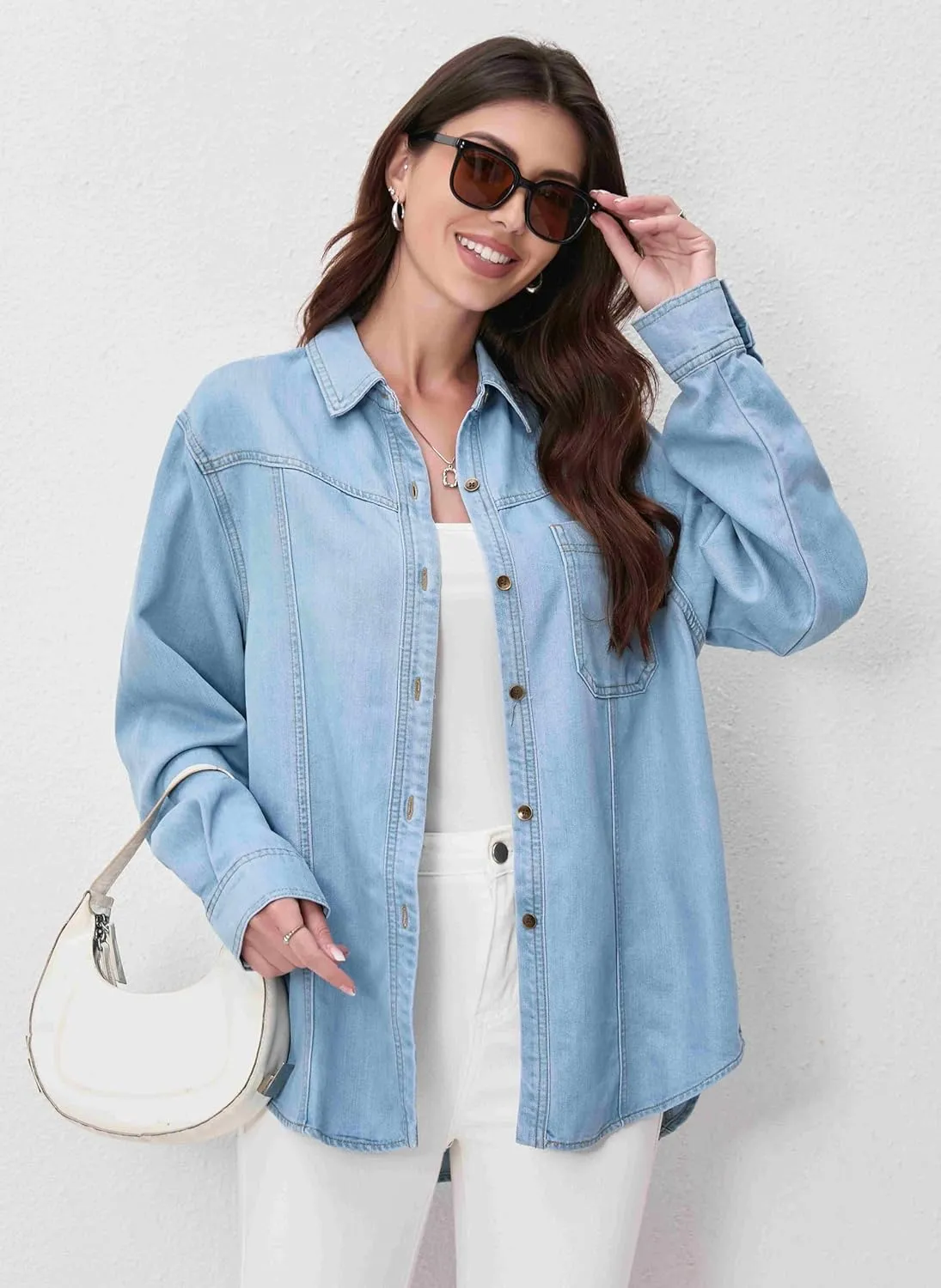Womens Jean Shirt, Lightweight Soft Denim Button Down Jackets, Tencel Denim Top Coat