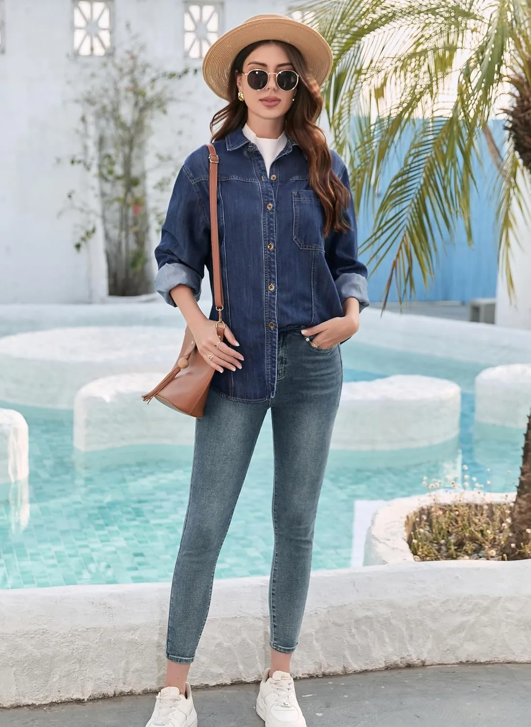 Womens Jean Shirt, Lightweight Soft Denim Button Down Jackets, Tencel Denim Top Coat