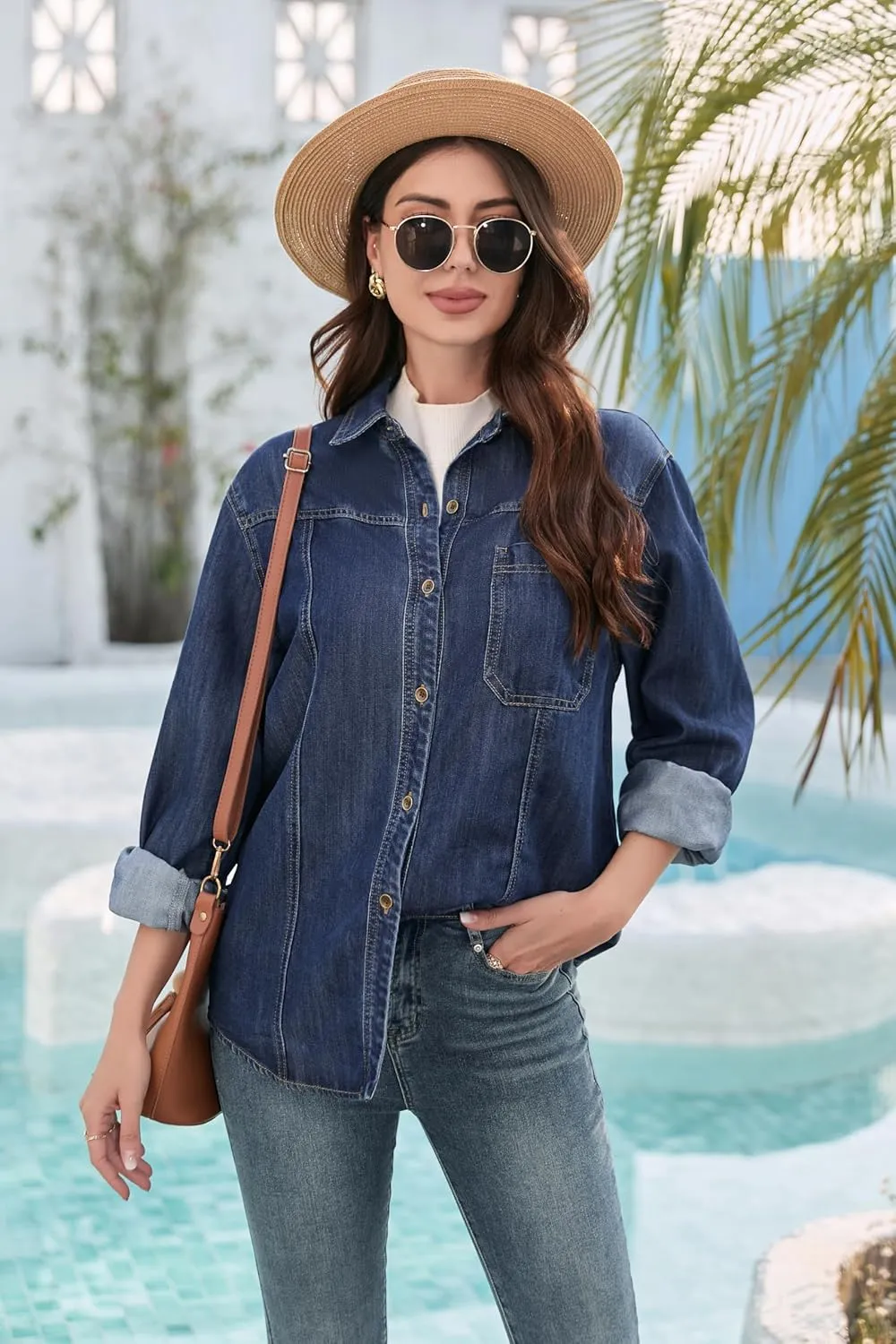 Womens Jean Shirt, Lightweight Soft Denim Button Down Jackets, Tencel Denim Top Coat