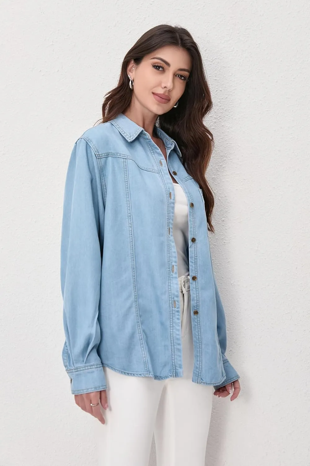 Womens Jean Shirt, Lightweight Soft Denim Button Down Jackets, Tencel Denim Top Coat