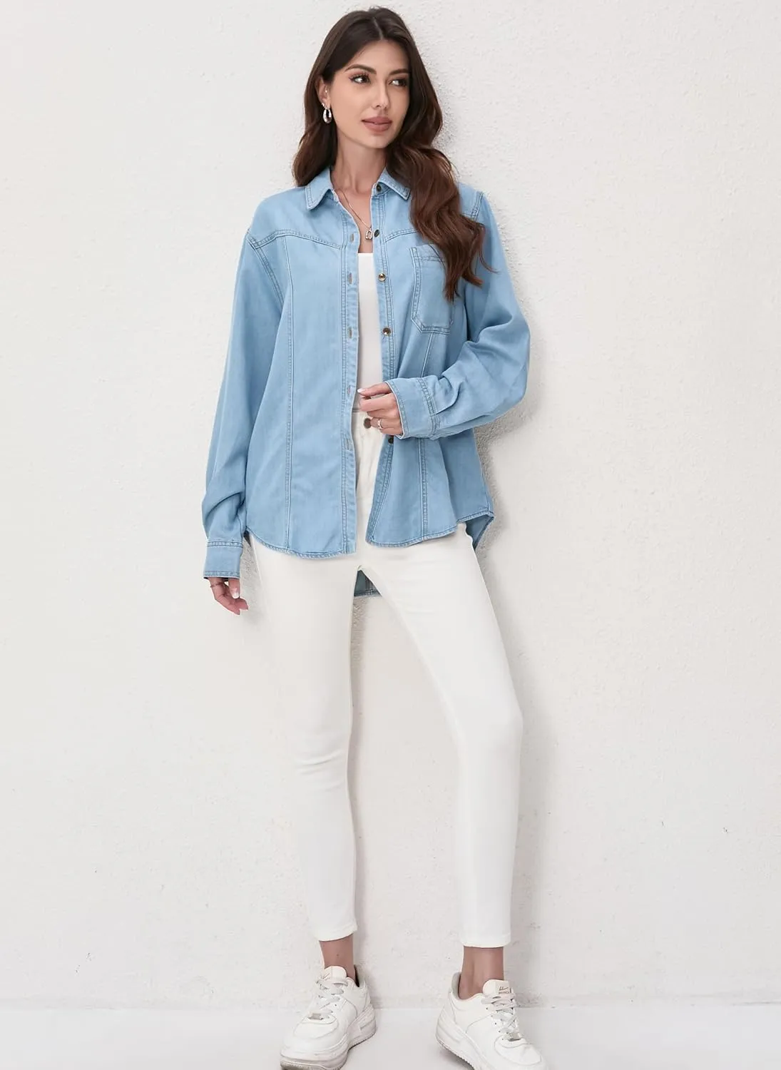 Womens Jean Shirt, Lightweight Soft Denim Button Down Jackets, Tencel Denim Top Coat