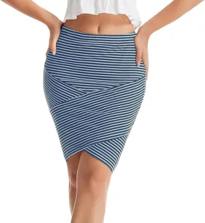 Women's Knee Length Casual Cross Striped Skirts Knitted Tight 2023 Elastic High Waist Bodycon Pencil Mini Skirt