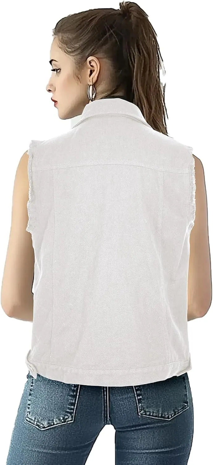 Women's Lapel Blue Denim Vest Buttoned Vest Jacket