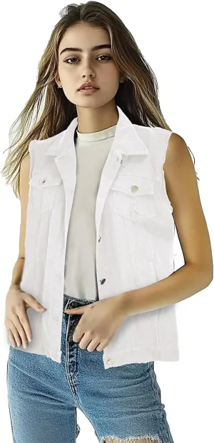 Women's Lapel Blue Denim Vest Buttoned Vest Jacket