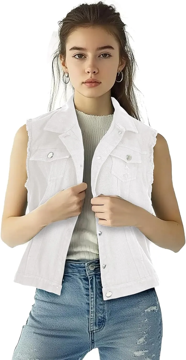 Women's Lapel Blue Denim Vest Buttoned Vest Jacket