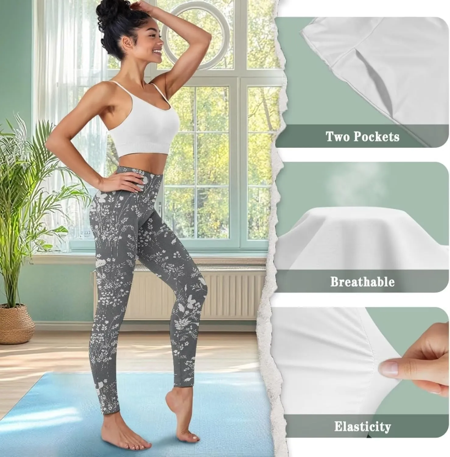 Womens Leggings Yoga Pants with Pockets High Waisted Yoga Leggings Tummy Control Breathable Workout Yoga Trousers