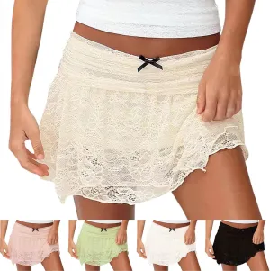 Womens Low Rise Lace Mini Skirt Y2k Bow Double Layer Mesh Short Skirt Flowy Asymmetrical Underskirt Half Slip Skirts