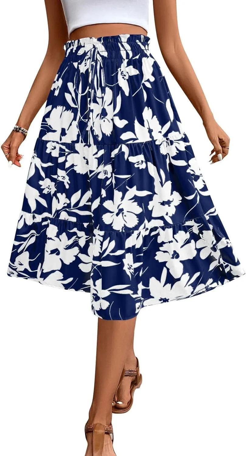 Womens Maxi Skirt 2025 Summer Comfy Tiered Elastic High Waisted Skirts Floral Boho Beach Vacation Long Skirts