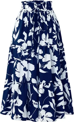 Womens Maxi Skirt 2025 Summer Comfy Tiered Elastic High Waisted Skirts Floral Boho Beach Vacation Long Skirts