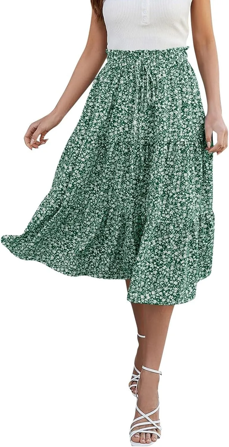 Womens Maxi Skirt 2025 Summer Comfy Tiered Elastic High Waisted Skirts Floral Boho Beach Vacation Long Skirts