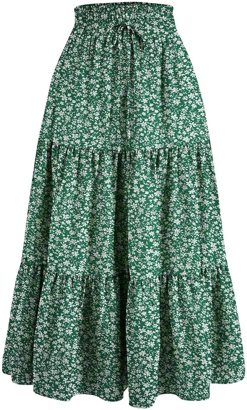 Womens Maxi Skirt 2025 Summer Comfy Tiered Elastic High Waisted Skirts Floral Boho Beach Vacation Long Skirts