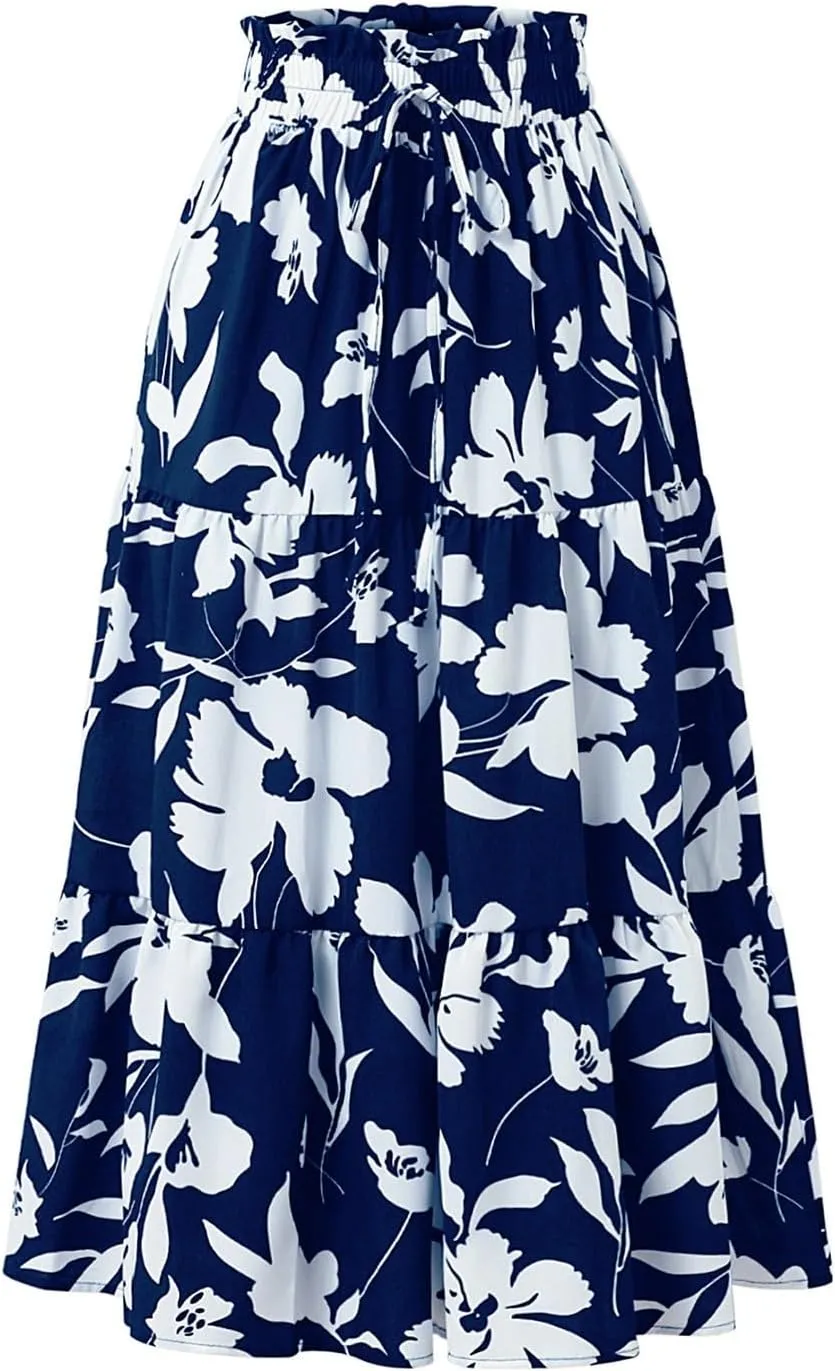 Womens Maxi Skirt 2025 Summer Comfy Tiered Elastic High Waisted Skirts Floral Boho Beach Vacation Long Skirts