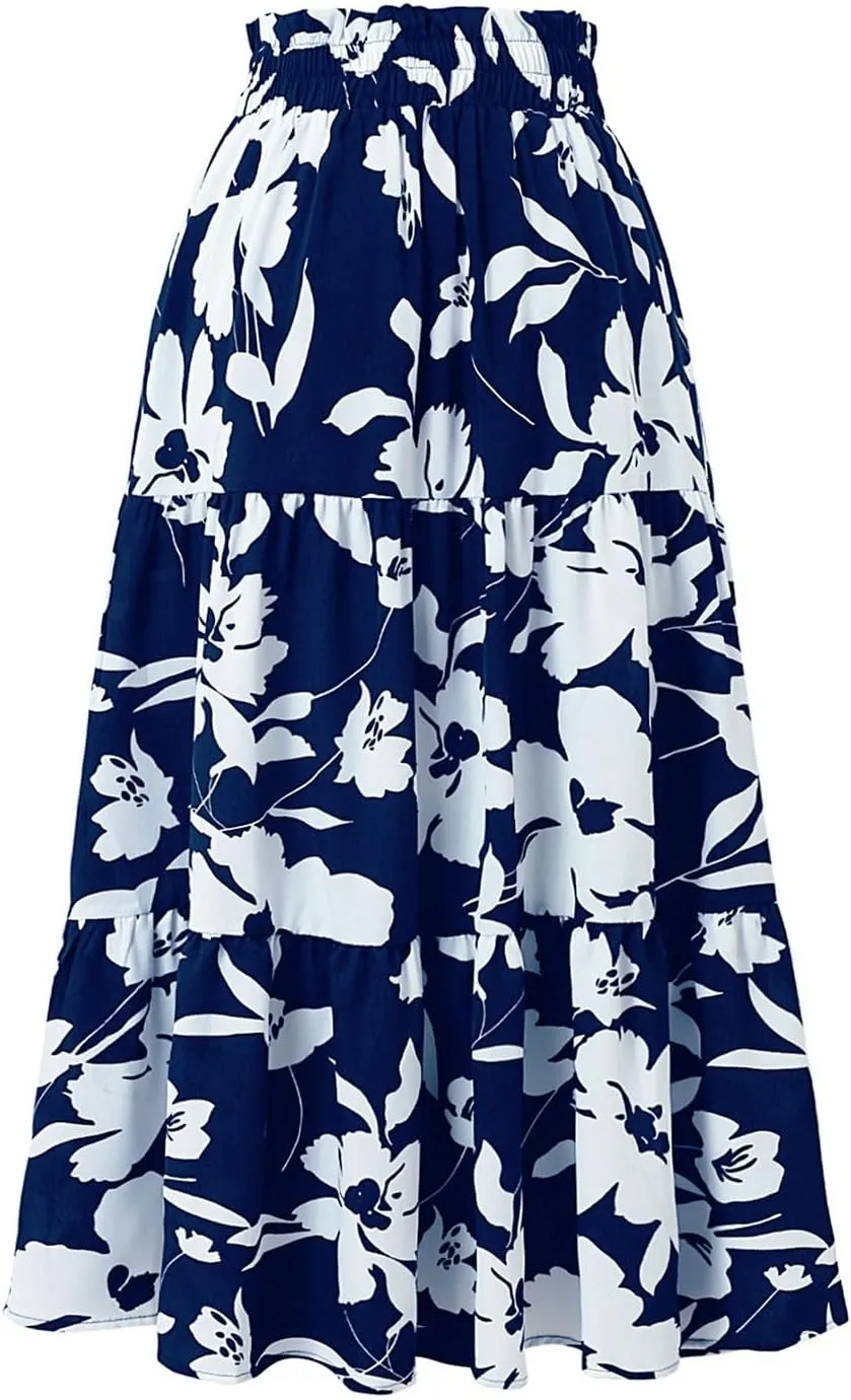 Womens Maxi Skirt 2025 Summer Comfy Tiered Elastic High Waisted Skirts Floral Boho Beach Vacation Long Skirts