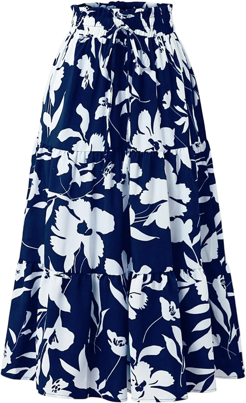 Womens Maxi Skirt 2025 Summer Comfy Tiered Elastic High Waisted Skirts Floral Boho Beach Vacation Long Skirts