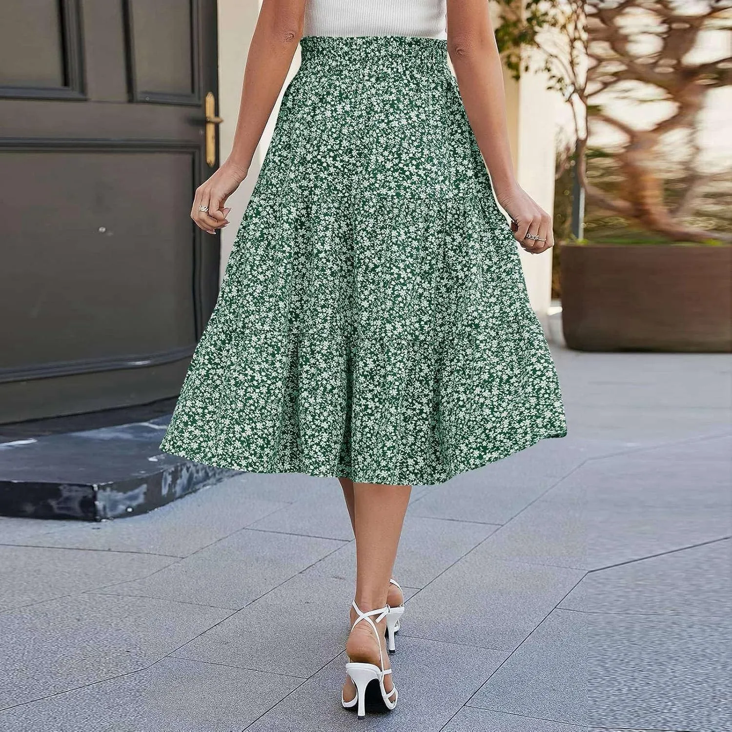 Womens Maxi Skirt 2025 Summer Comfy Tiered Elastic High Waisted Skirts Floral Boho Beach Vacation Long Skirts