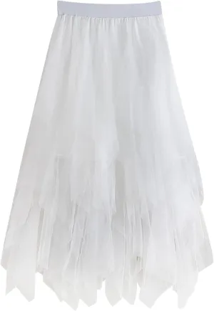 Women's Mesh Irregular Stitching Cake Fairy Skirt A-line Pleated Skirt Elastic Waist Tulle Tutu Midi Skirt