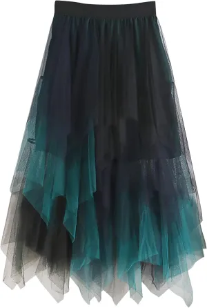Women's Mesh Irregular Stitching Cake Fairy Skirt A-line Pleated Skirt Elastic Waist Tulle Tutu Midi Skirt