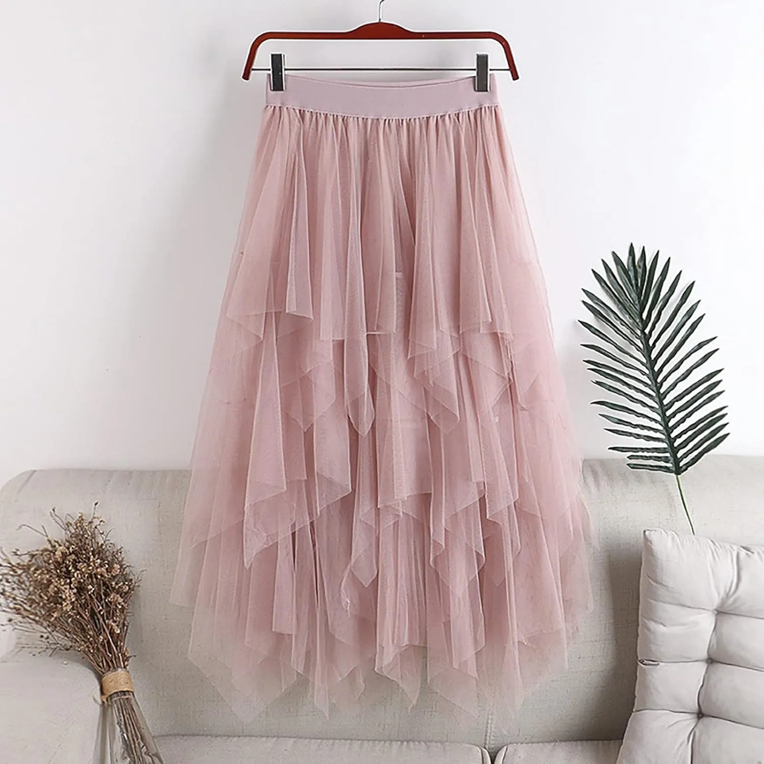 Women's Mesh Irregular Stitching Cake Fairy Skirt A-line Pleated Skirt Elastic Waist Tulle Tutu Midi Skirt