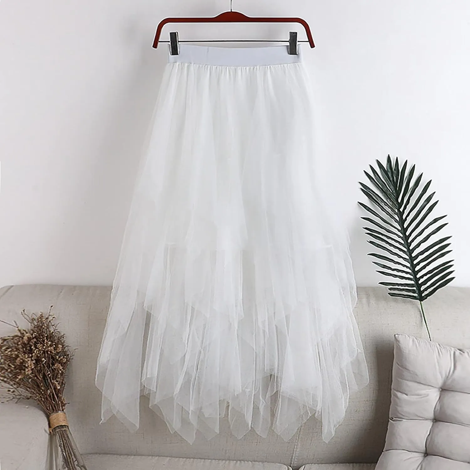 Women's Mesh Irregular Stitching Cake Fairy Skirt A-line Pleated Skirt Elastic Waist Tulle Tutu Midi Skirt