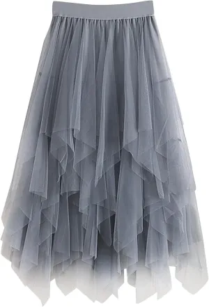 Women's Mesh Irregular Stitching Cake Fairy Skirt A-line Pleated Skirt Elastic Waist Tulle Tutu Midi Skirt
