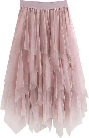 Women's Mesh Irregular Stitching Cake Fairy Skirt A-line Pleated Skirt Elastic Waist Tulle Tutu Midi Skirt