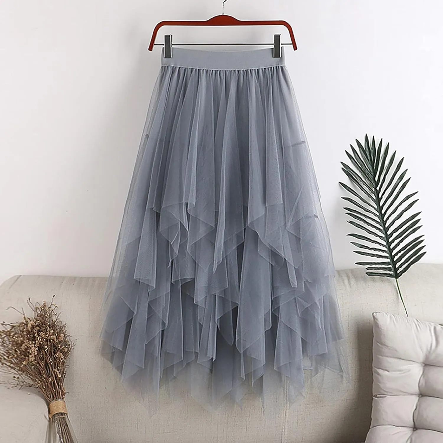Women's Mesh Irregular Stitching Cake Fairy Skirt A-line Pleated Skirt Elastic Waist Tulle Tutu Midi Skirt