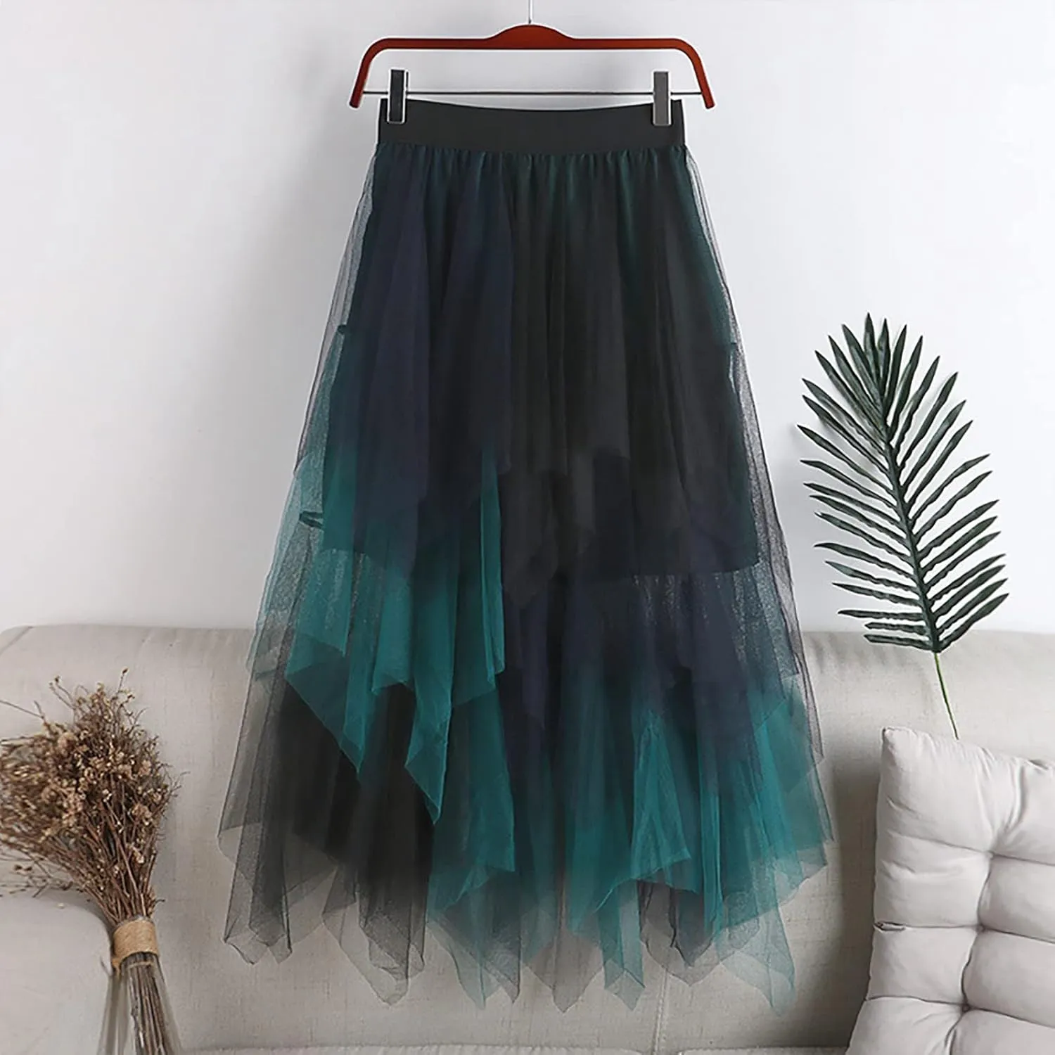 Women's Mesh Irregular Stitching Cake Fairy Skirt A-line Pleated Skirt Elastic Waist Tulle Tutu Midi Skirt